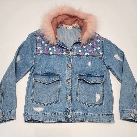 Zara Girls - Size 11/12 Sequin Fur Collar Distressed Jean Jacket - Picture 2 of 5